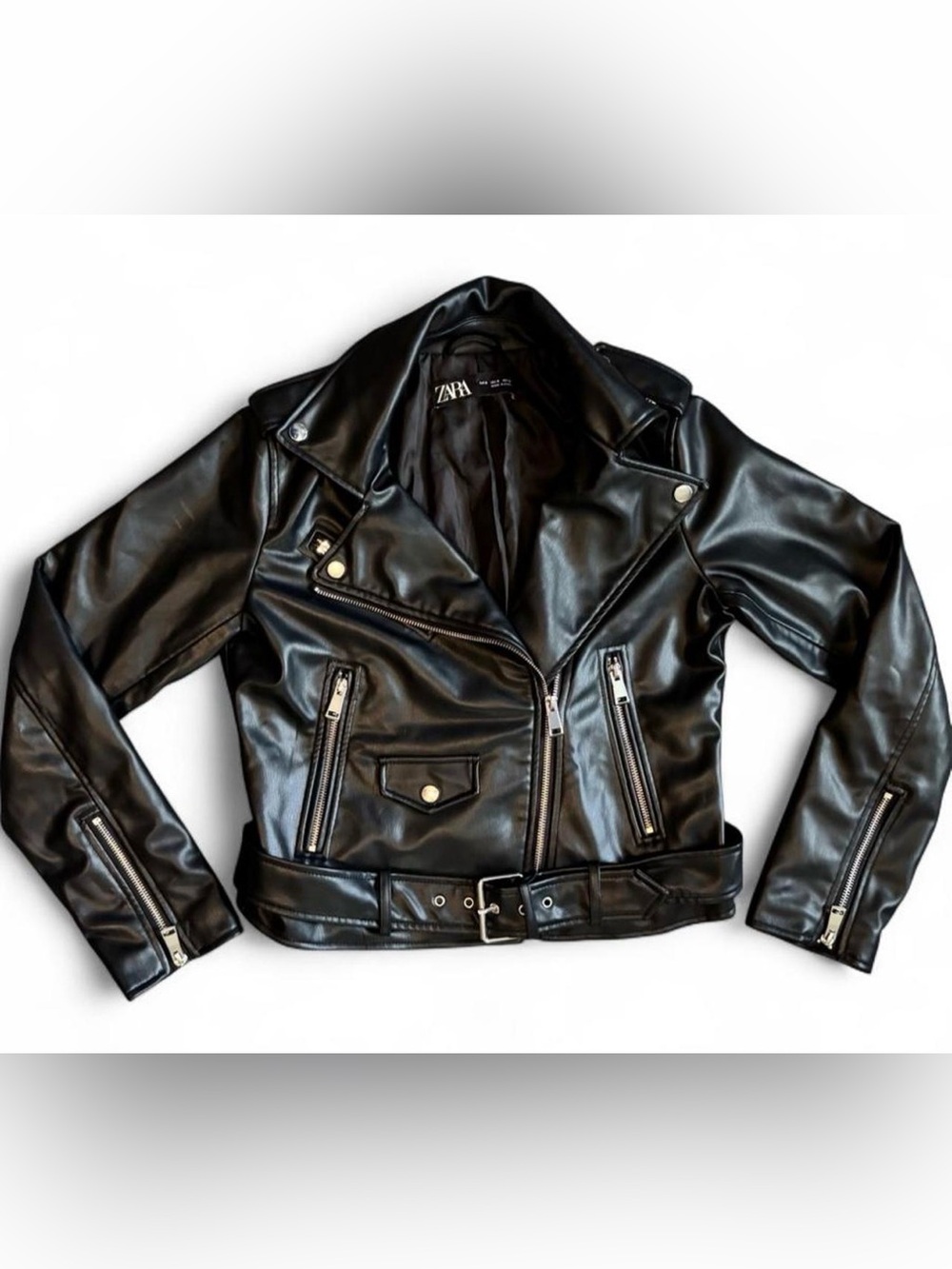 ZARA Black Faux Leather Cropped Jacket with Belt